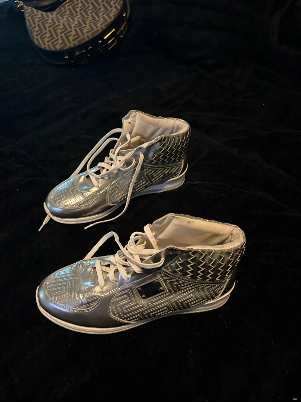 Versace Silver Geometric High-Top Sneakers